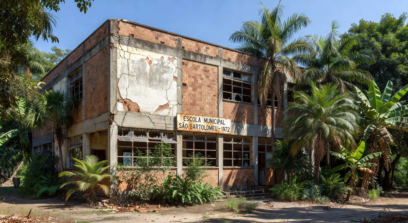 Prédio escolar antigo em Sobradinho com sinais de falta de investimentos, homenageando 60 anos.