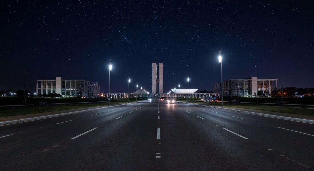 Avenida em Brasília iluminada por lâmpadas LED modernas à noite, com arquitetura da Esplanada dos Ministérios ao fundo.