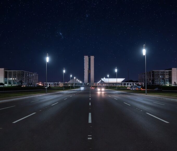 Avenida em Brasília iluminada por lâmpadas LED modernas à noite, com arquitetura da Esplanada dos Ministérios ao fundo.
