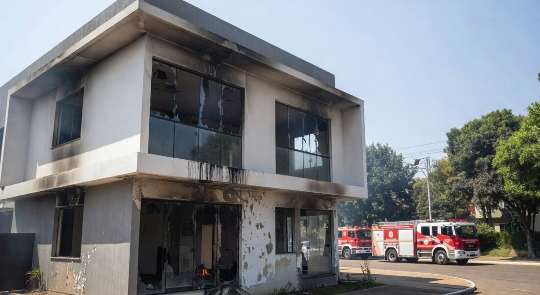 Casa residencial em Brasília danificada por incêndio, com viaturas de bombeiros ao fundo.
