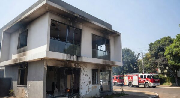 Casa residencial em Brasília danificada por incêndio, com viaturas de bombeiros ao fundo.
