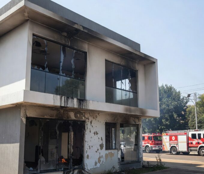 Casa residencial em Brasília danificada por incêndio, com viaturas de bombeiros ao fundo.