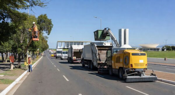 Veículos e equipamentos de manutenção urbana da Novacap em rua de Brasília, Distrito Federal.