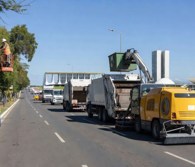 Veículos e equipamentos de manutenção urbana da Novacap em rua de Brasília, Distrito Federal.