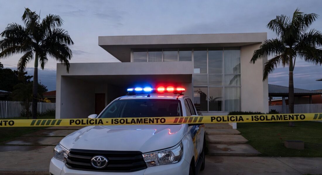Viatura da Polícia Militar do DF em frente a casa residencial em Brasília, cena de prisão por violência doméstica e posse irregular de armas.