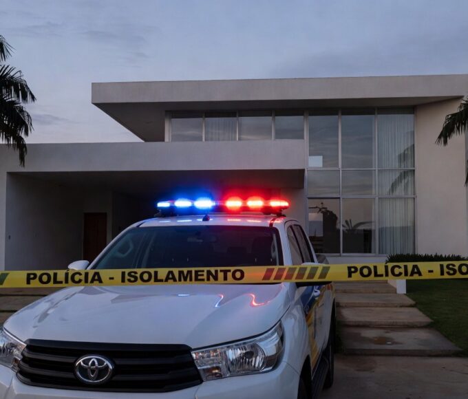 Viatura da Polícia Militar do DF em frente a casa residencial em Brasília, cena de prisão por violência doméstica e posse irregular de armas.