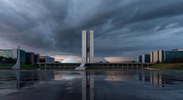 Vista panorâmica de Brasília com Congresso Nacional sob céu nublado, representando abalo pela morte de advogado Marcelo Reis.