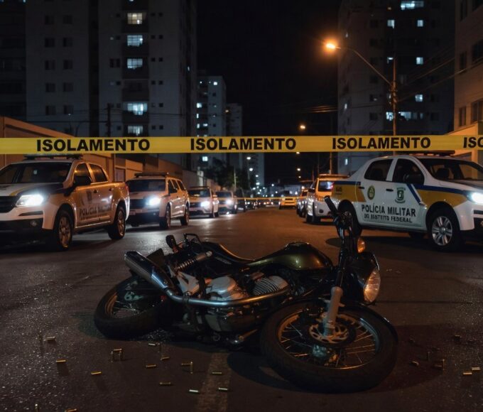 Cena de duplo homicídio em rua de Taguatinga, com fita de isolamento e viaturas da Polícia Militar do DF.