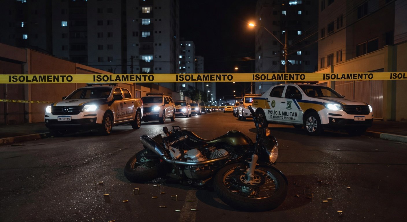 Cena de duplo homicídio em rua de Taguatinga, com fita de isolamento e viaturas da Polícia Militar do DF.