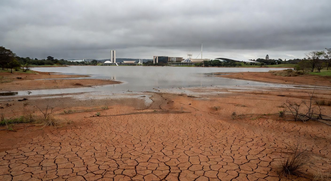 Reservatório com nível baixo de água no DF, destacando crise hídrica que ofusca premiação da Caesb.