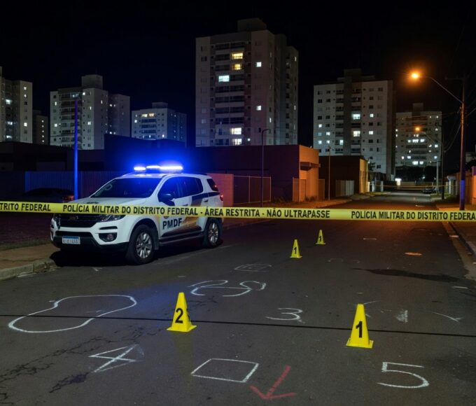 Viatura da Polícia Militar em rua de Águas Claras após incidente de assalto e morte.