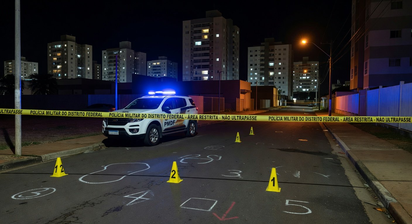 Viatura da Polícia Militar em rua de Águas Claras após incidente de assalto e morte.