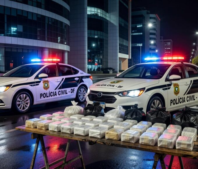 Viaturas da Polícia Civil do DF com drogas apreendidas em operação em Brasília.