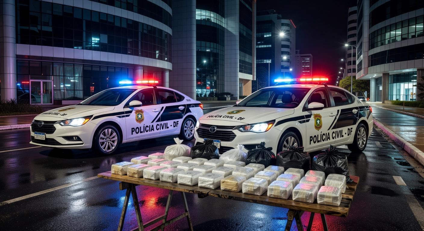 Viaturas da Polícia Civil do DF com drogas apreendidas em operação em Brasília.