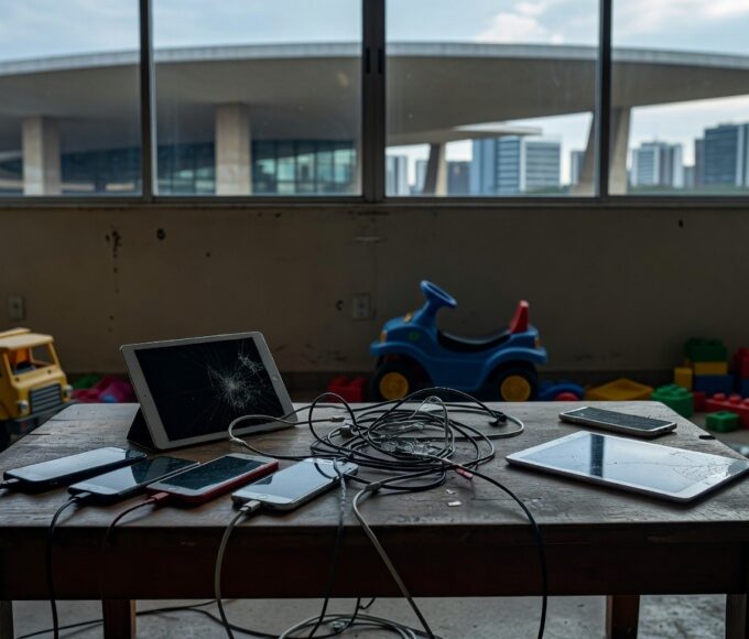 Mesa com documentos legislativos, tablet e brinquedos infantis no Congresso Nacional, ilustrando projeto contra perigos das telas em crianças.