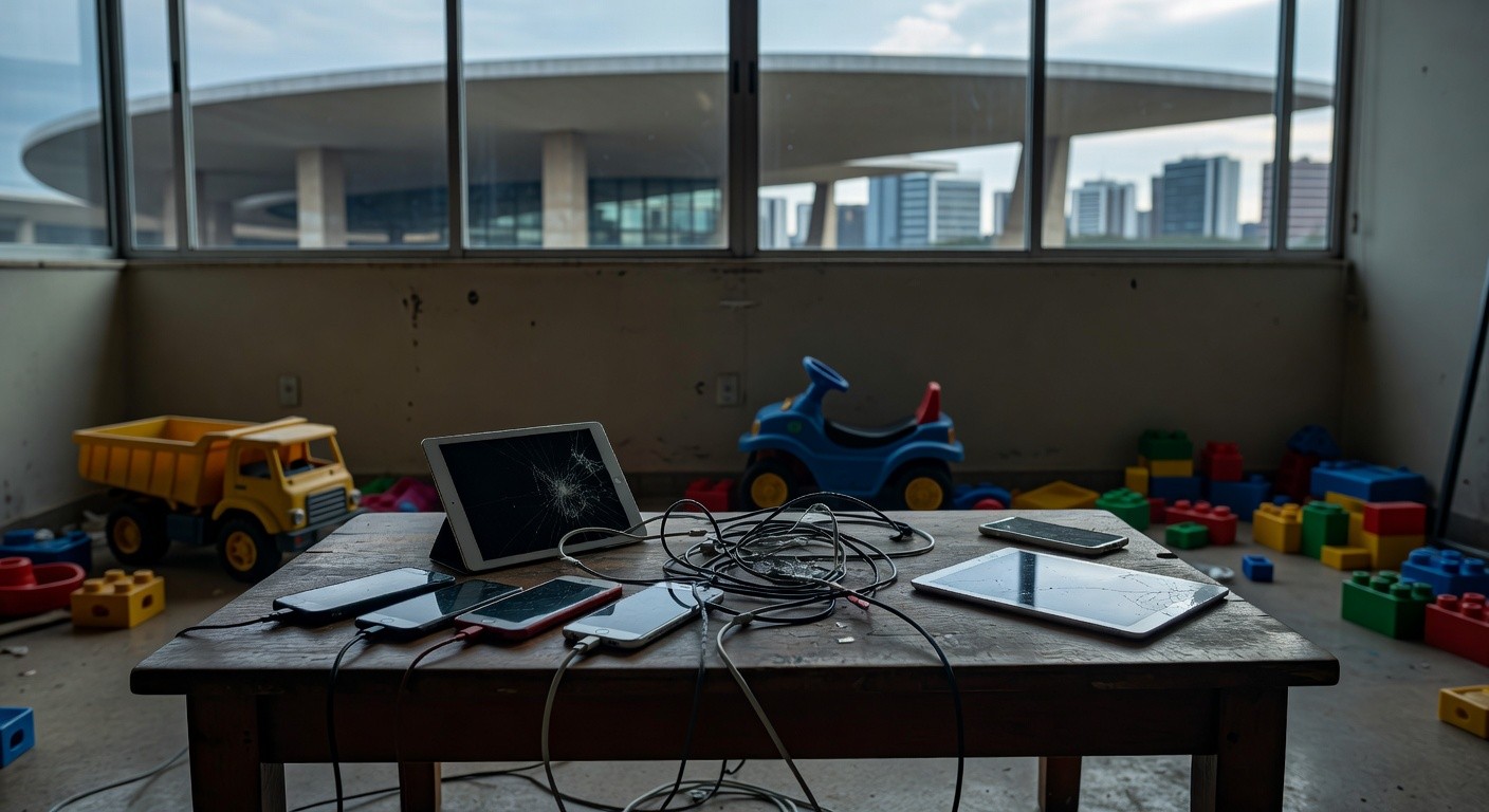 Mesa com documentos legislativos, tablet e brinquedos infantis no Congresso Nacional, ilustrando projeto contra perigos das telas em crianças.