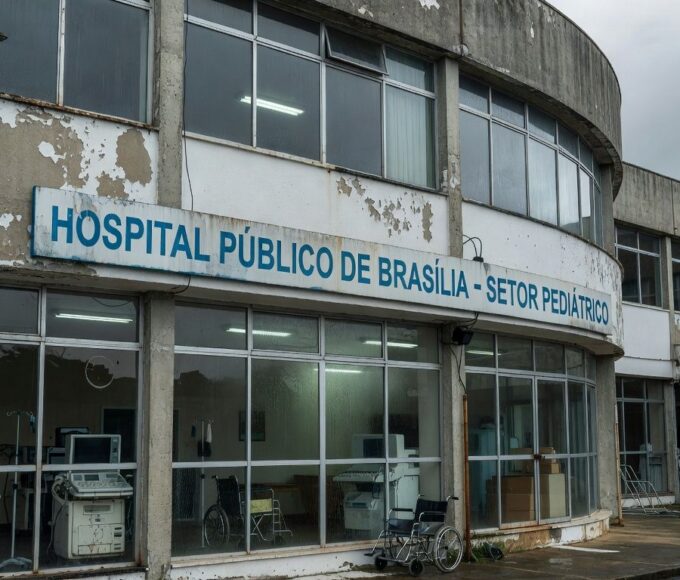 Hospital público em Brasília com sinais de falhas no sistema de saúde, focando em setor pediátrico deteriorado.