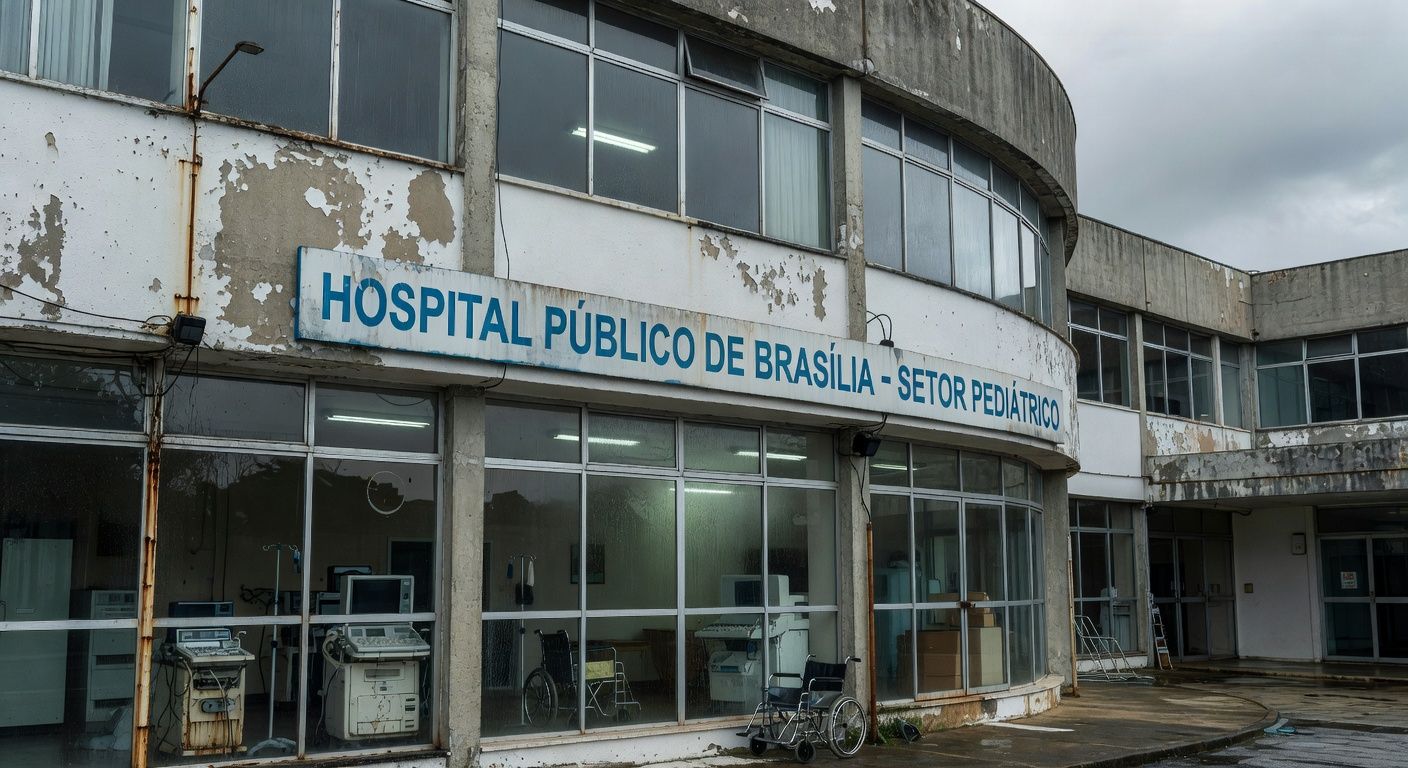 Hospital público em Brasília com sinais de falhas no sistema de saúde, focando em setor pediátrico deteriorado.