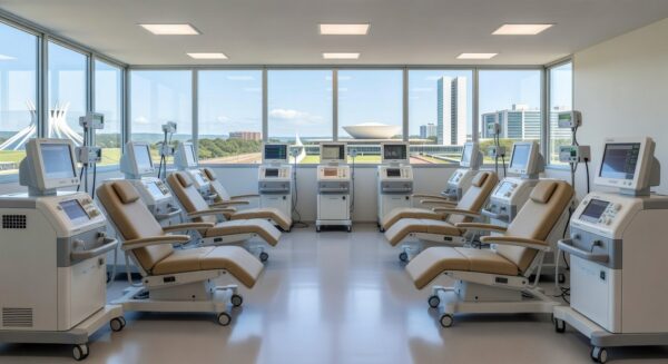 Sala de hemodiálise moderna em hospital do Distrito Federal, com equipamentos médicos e investimentos em saúde.