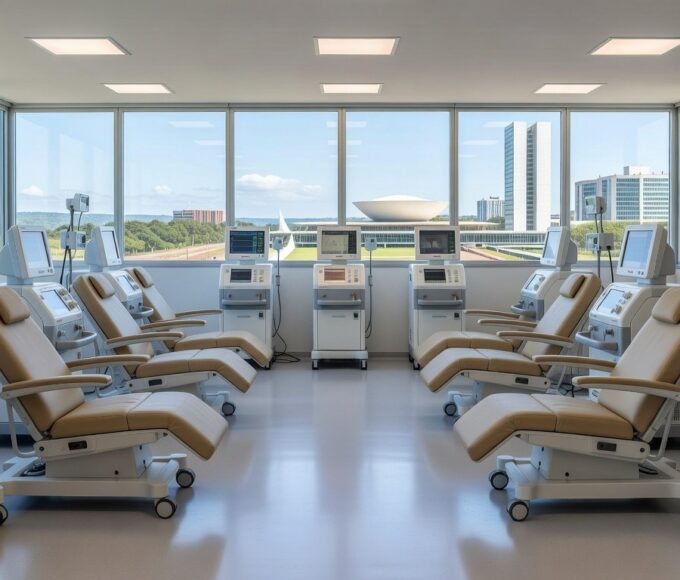 Sala de hemodiálise moderna em hospital do Distrito Federal, com equipamentos médicos e investimentos em saúde.