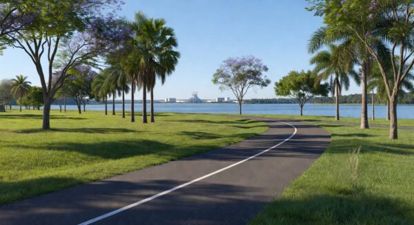 Ciclovia inaugurada no Lago Sul, Distrito Federal, com vista para o lago e paisagem urbana de Brasília.