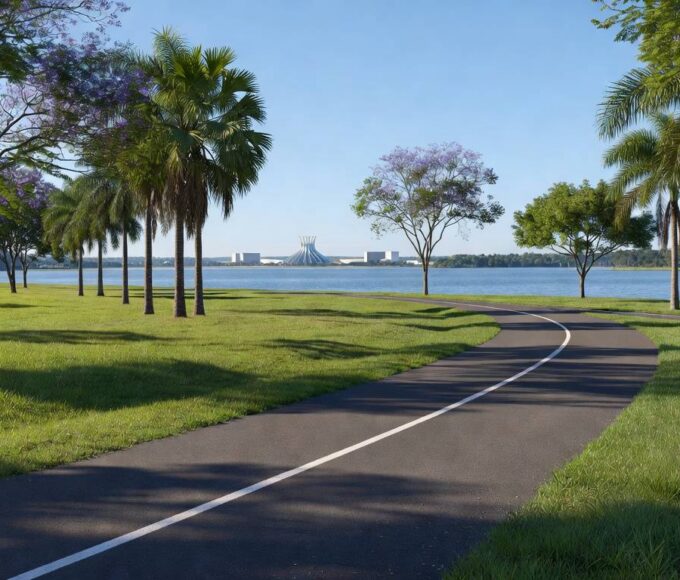 Ciclovia inaugurada no Lago Sul, Distrito Federal, com vista para o lago e paisagem urbana de Brasília.