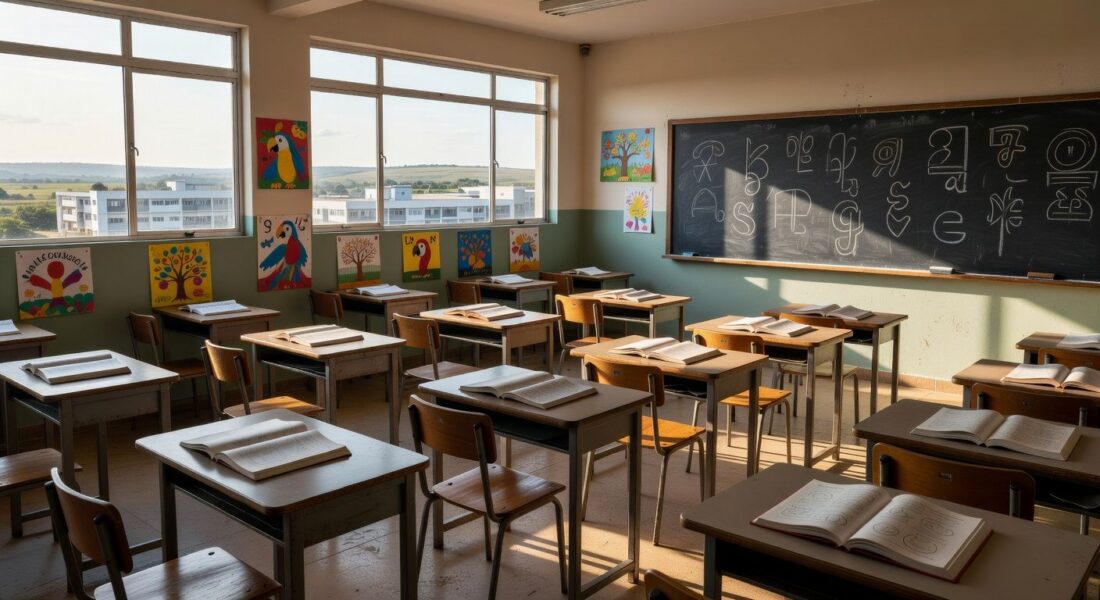Sala de aula vazia em escola de Sobradinho com materiais de alfabetização e foco em superação de metas pedagógicas.