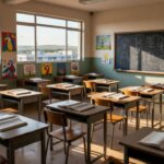 Sala de aula vazia em escola de Sobradinho com materiais de alfabetização e foco em superação de metas pedagógicas.