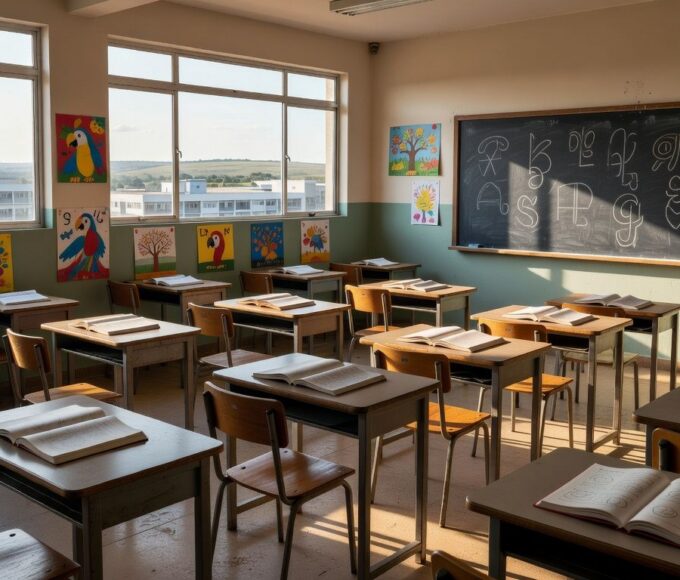 Sala de aula vazia em escola de Sobradinho com materiais de alfabetização e foco em superação de metas pedagógicas.