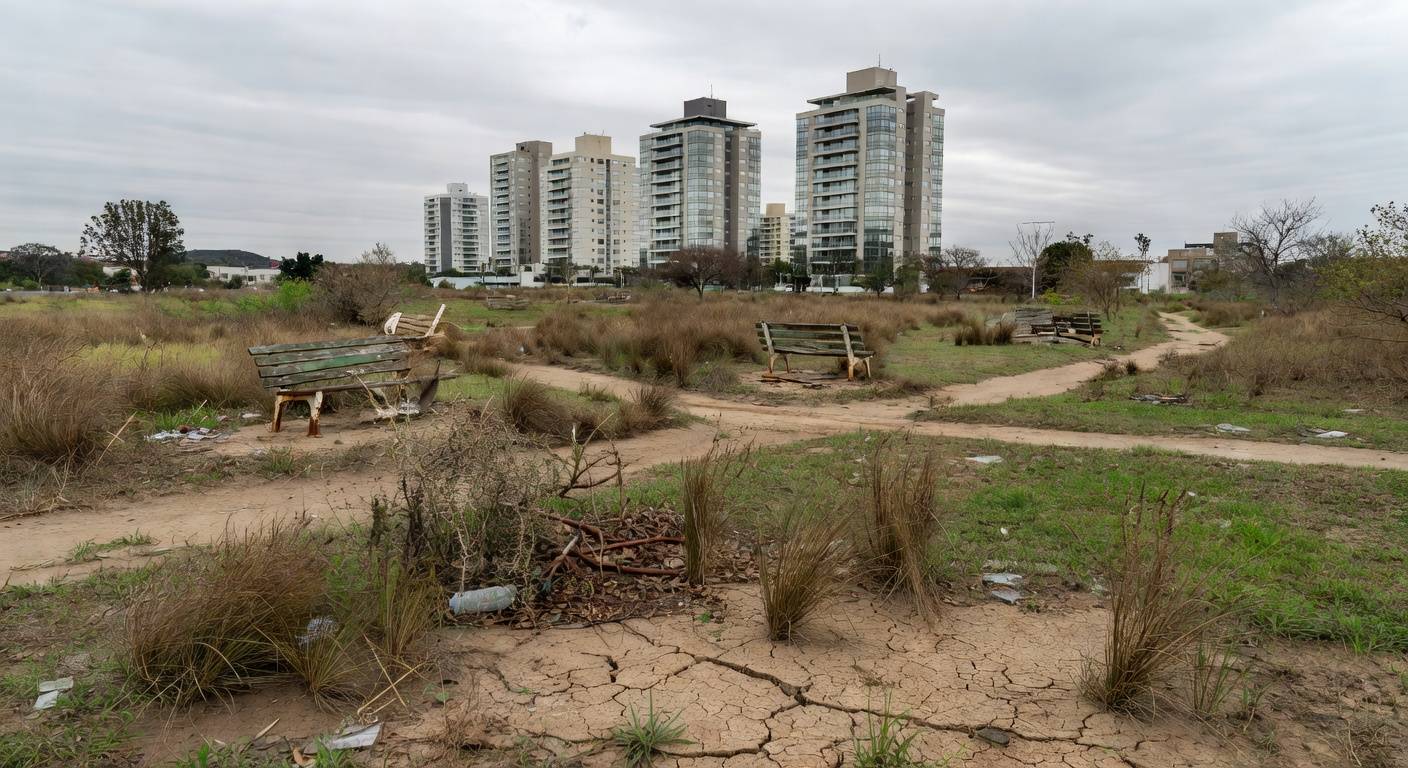 Parque abandonado em Águas Claras com vegetação seca, lixo e bancos quebrados, expondo negligência com áreas verdes.