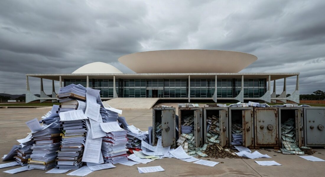 Edifício da Câmara Legislativa do DF em Brasília com símbolos de burocracia fazendária, destacando reestruturação de carreira e críticas por ineficiências.
