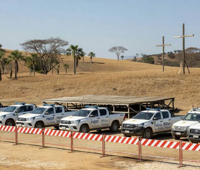 Área de encenação da Paixão de Cristo em Planaltina com barreiras e viaturas de segurança do GDF.