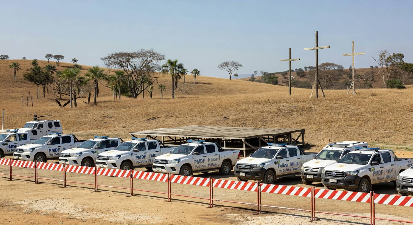 Área de encenação da Paixão de Cristo em Planaltina com barreiras e viaturas de segurança do GDF.