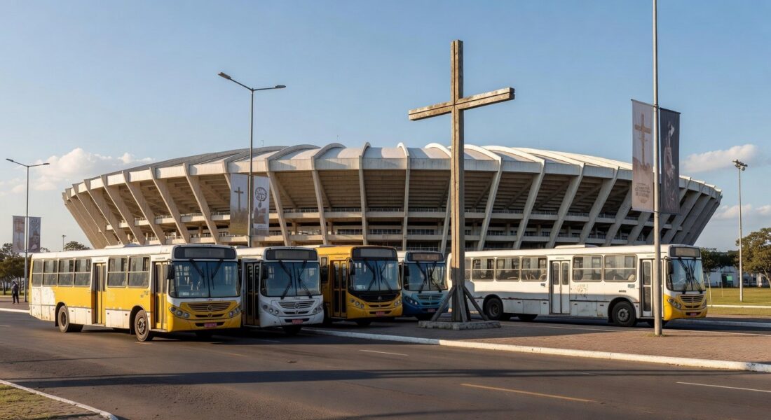 Ônibus gratuitos em frente ao Estádio Mané Garrincha em Brasília para eventos da Semana Santa e Via Sacra.