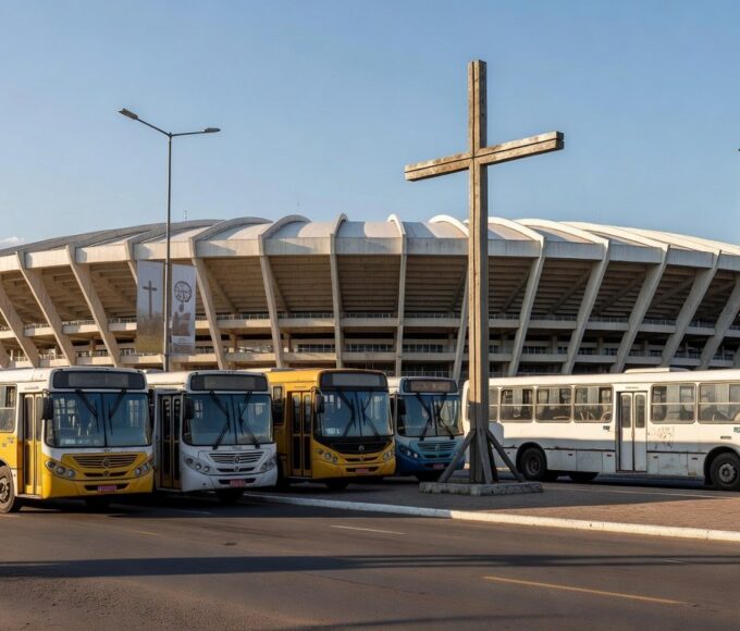 Ônibus gratuitos em frente ao Estádio Mané Garrincha em Brasília para eventos da Semana Santa e Via Sacra.