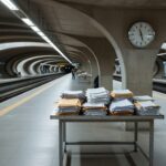 Estação de metrô vazia em Brasília com pilhas de documentos simbolizando burocracia e falhas em aquisições públicas na Metrô-DF.