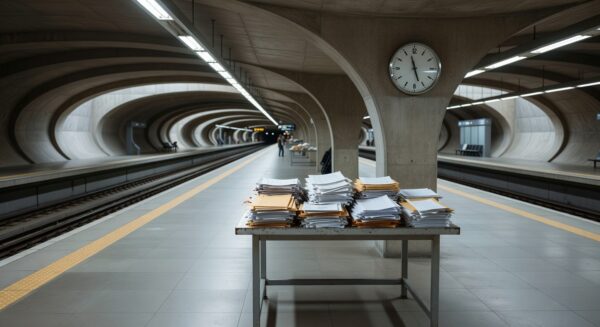 Estação de metrô vazia em Brasília com pilhas de documentos simbolizando burocracia e falhas em aquisições públicas na Metrô-DF.