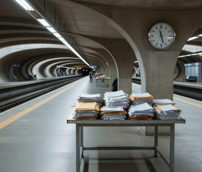 Estação de metrô vazia em Brasília com pilhas de documentos simbolizando burocracia e falhas em aquisições públicas na Metrô-DF.