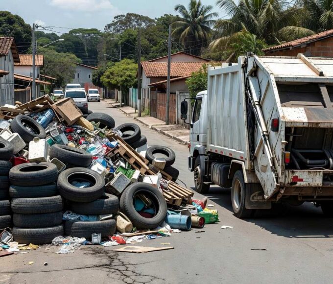 Caminhão removendo entulhos em mutirão contra dengue no Riacho Fundo II, com pilhas de resíduos em rua residencial.