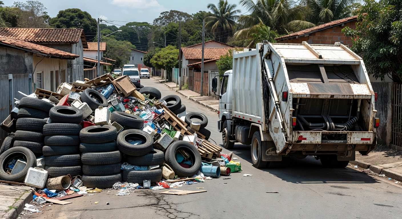 Caminhão removendo entulhos em mutirão contra dengue no Riacho Fundo II, com pilhas de resíduos em rua residencial.