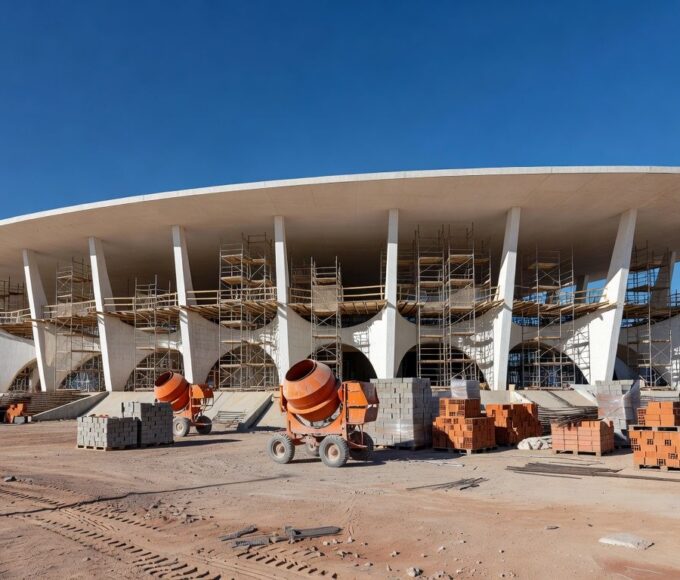 Centro Olímpico no DF em reforma para maior segurança e conforto, com andaimes e estruturas esportivas.