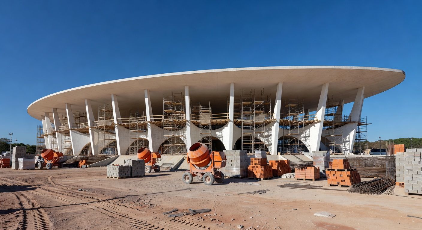 Centro Olímpico no DF em reforma para maior segurança e conforto, com andaimes e estruturas esportivas.