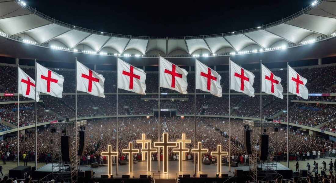 Vista ampla da Arena BRB Mané Garrincha lotada durante evento evangélico em Brasília.