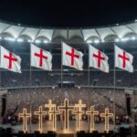 Vista ampla da Arena BRB Mané Garrincha lotada durante evento evangélico em Brasília.