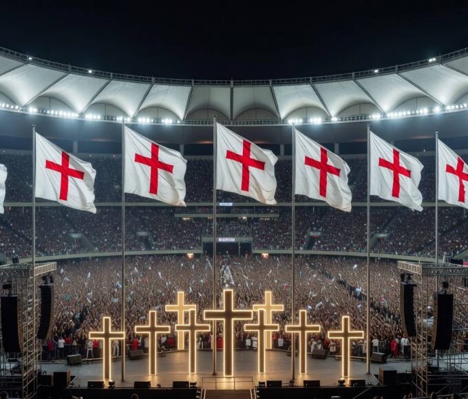 Vista ampla da Arena BRB Mané Garrincha lotada durante evento evangélico em Brasília.