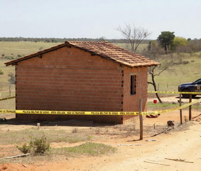 Casa em Águas Lindas (GO) isolada por fita policial após tragédia familiar com picareta e suicídio.