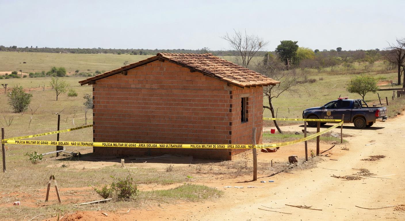 Casa em Águas Lindas (GO) isolada por fita policial após tragédia familiar com picareta e suicídio.