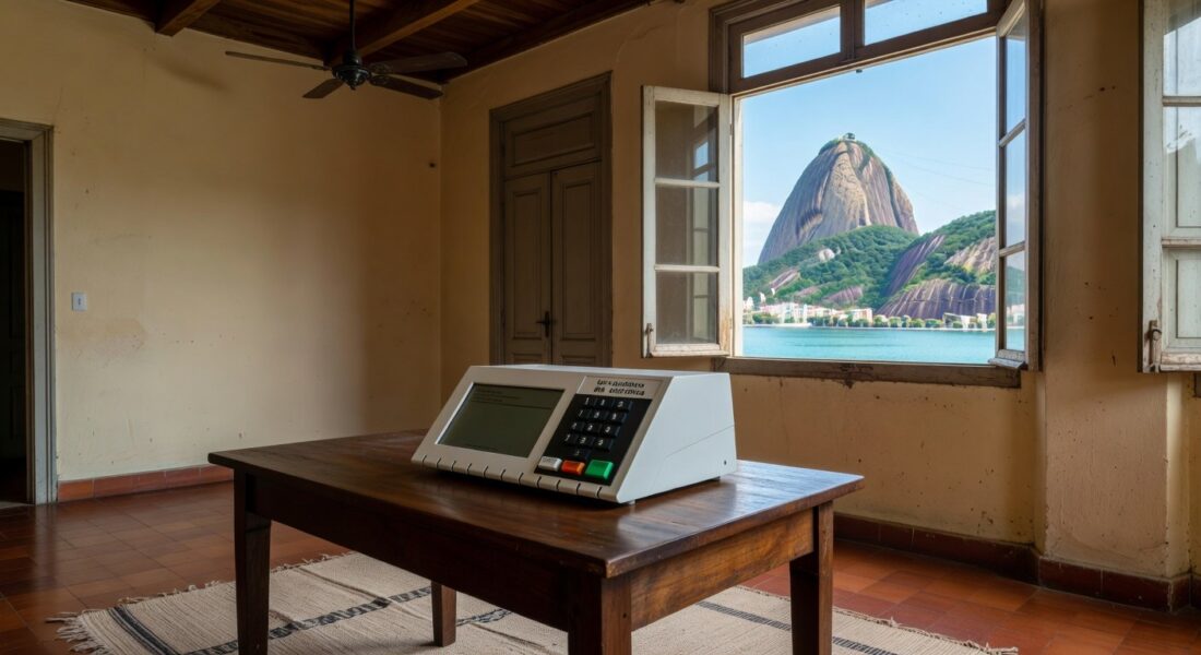 Urna eletrônica em sala de votação no Rio de Janeiro, simbolizando eleições diretas para governo tampão defendidas pela PGR.
