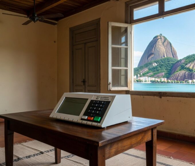 Urna eletrônica em sala de votação no Rio de Janeiro, simbolizando eleições diretas para governo tampão defendidas pela PGR.