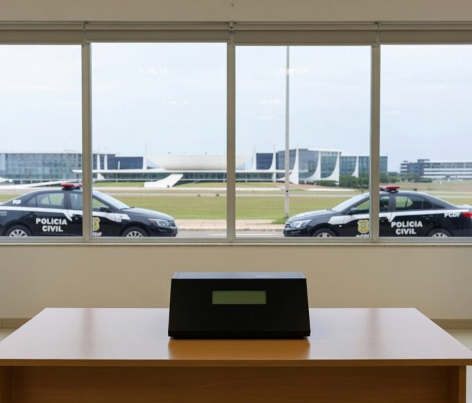 Urna eletrônica em eleição para diretoria do Sinpol-DF, com insígnias da Polícia Civil no Distrito Federal.